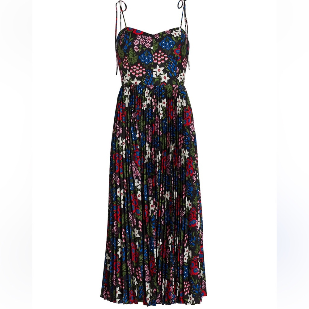 Amur Briella Printed Pleat Sweetheart Neckline MIDI Dress NEW $610 Garden Party